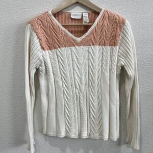 Liz Claiborne Women's Large Cable Knit V-Neck Sweater Peach White Cotton